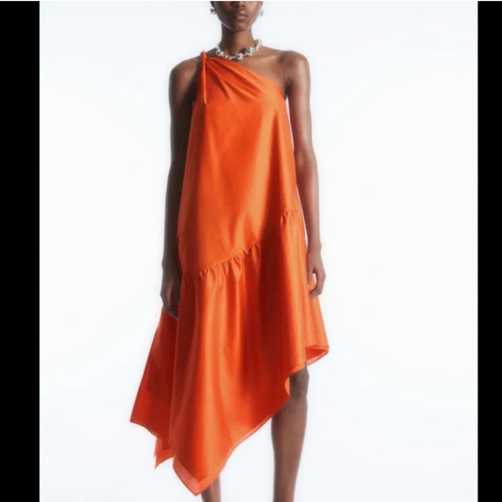 COS Orange Twisted Asymmetrical Trapeze Dress